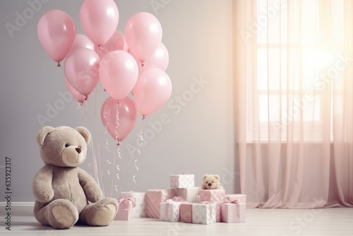 Teddy bear with pink balloons in the bright room Generative AI.