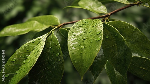  a green leaf with drops of water on it's leaves. generative ai