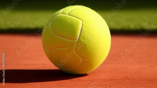 a yellow tennis ball on a clay court