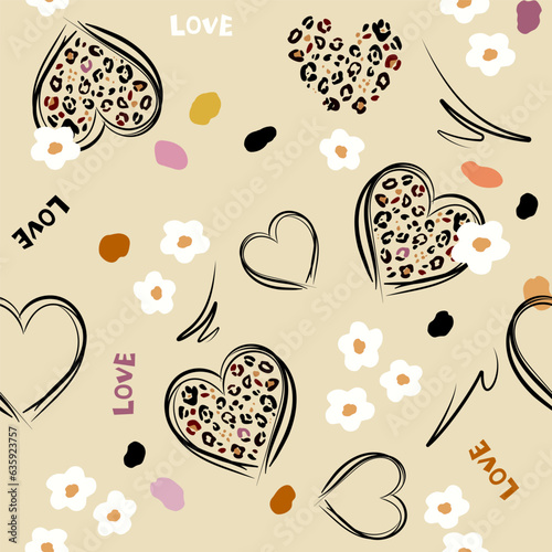 Hearts, leopard skin patterns, small primitive flowers, love inscriptions, spots. abstract seamless pattern. Design textiles, paper, postcards, t-shirt print drawing
