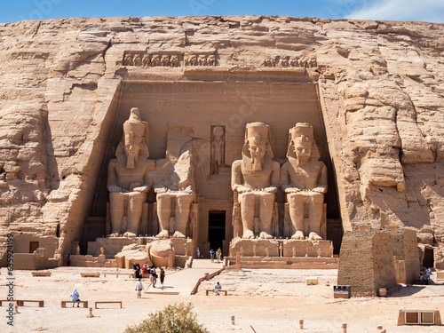 The Great Temple of Abu Simbel with its four iconic 20 meter tall seated colossal statues of Ramses II (Ramses The Great), UNESCO World Heritage Site, Abu Simbel, Egypt, North Africa, Africa
