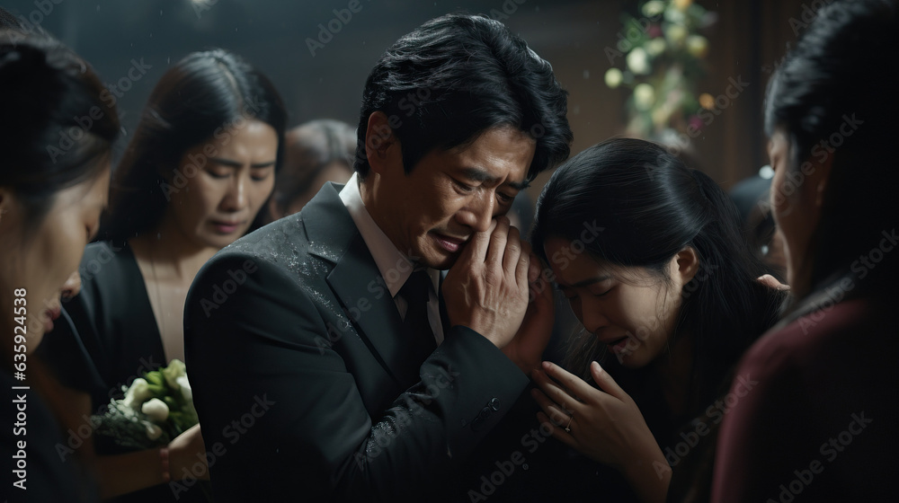 Asian family grieving at funeral in church. Concept of Funeral ceremony, family support, cultural traditions, grieving process, solemn atmosphere, church service, communal mourning, emotional. Asian family grieving at funeral in church. Concept of Funeral ceremony, family support, cultural traditions, grieving process, solemn atmosphere, church service, communal mourning, emotional.