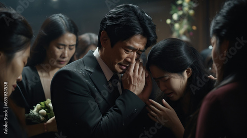 Asian family grieving at funeral in church. Concept of Funeral ceremony, family support, cultural traditions, grieving process, solemn atmosphere, church service, communal mourning, emotional.