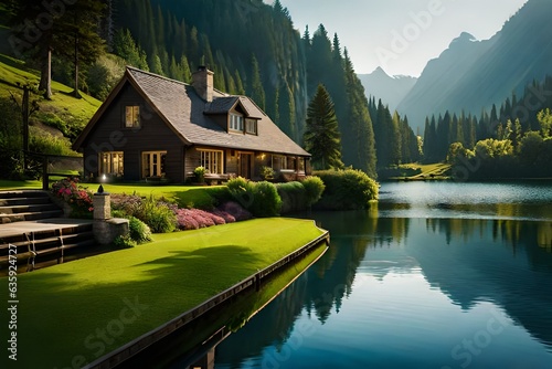 a beautiful house near lake, animation picture, boat in the lake, greenery, sunlight, birds in the tresS, 3d quality, beautiful flowers