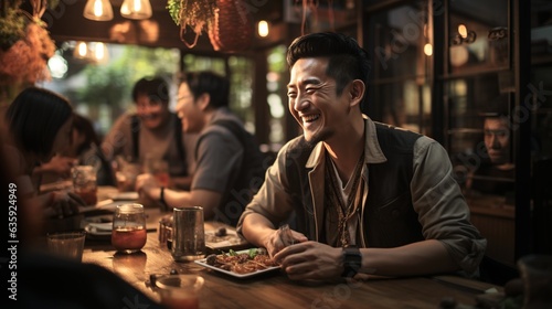 pictures of group of malay and chinese guys talking smiling laughing and chilling while drinking coffee and eating western food in a colorful cafe with afternoon ambient