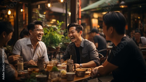 pictures of group of malay and chinese guys talking smiling laughing and chilling while drinking coffee and eating western food in a colorful cafe with afternoon ambient