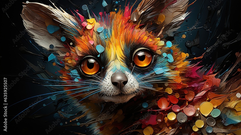  a painting of a colorful animal with orange eyes and feathers.  generative ai