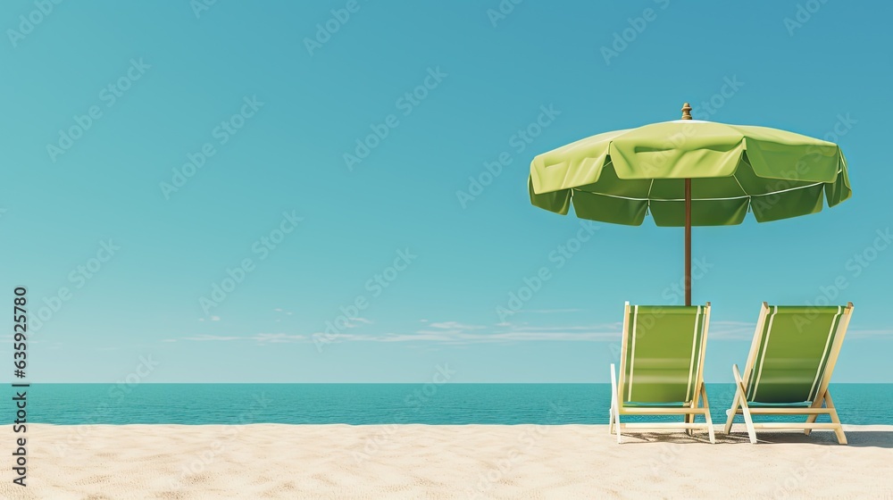  a couple of lawn chairs sitting under an umbrella on a beach.  generative ai