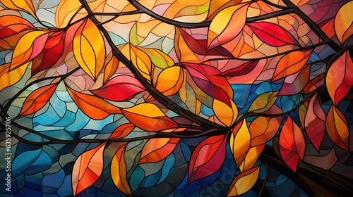  a painting of a tree branch with colorful leaves on it.  generative ai