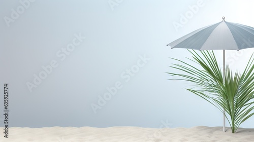  a palm tree in the sand with an umbrella over it.  generative ai © Nadia