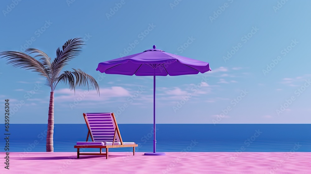  a purple beach chair and a purple umbrella on a pink beach.  generative ai