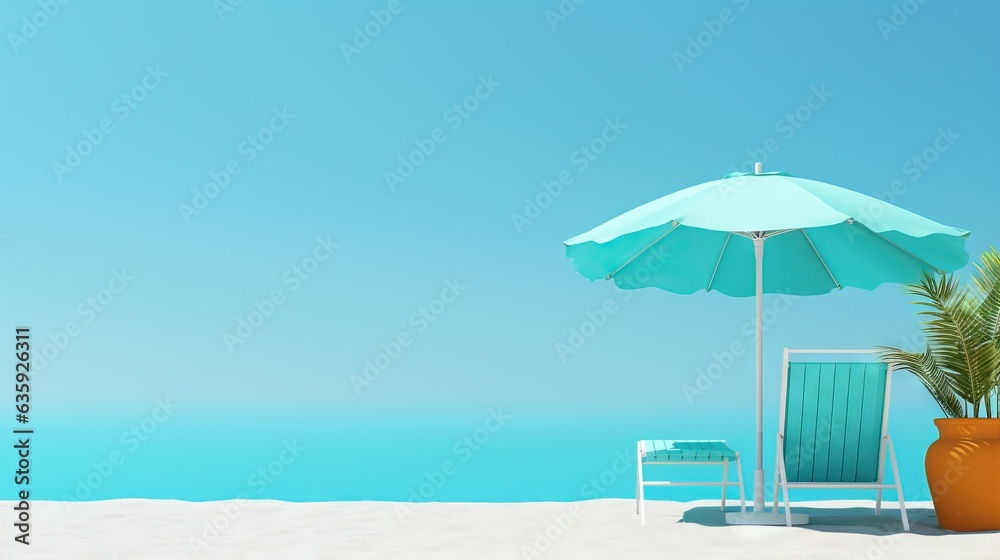  a chair and umbrella on a beach with a blue sky in the background.  generative ai