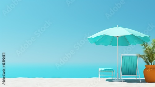  a chair and umbrella on a beach with a blue sky in the background.  generative ai © Nadia