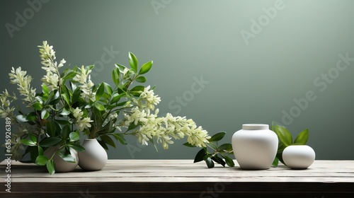  a table with three vases and a plant on it.  generative ai