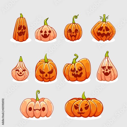 Set of vector halloween pumpkins in cartoon style.