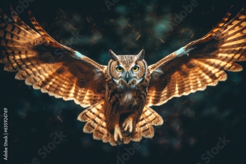 Be careful. a photo of a European eagle owl soaring through the night. A stock photo