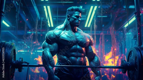 brutal muscular bodybuilder athlete at workout in futuristic gym, dark future cyberpunk, in style of purple and blue neon glow, generative AI © goami