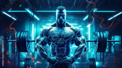 brutal muscular bodybuilder athlete at workout in futuristic gym, dark future cyberpunk, in style of purple and blue neon glow, generative AI