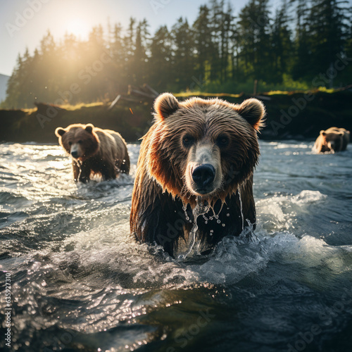 Brown bear stands in a stream, AI generiert © David Brown