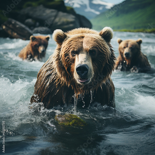 Brown bear stands in a stream, AI generiert © David Brown