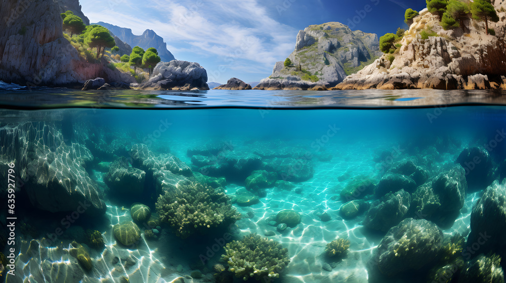 Fototapeta premium Step into a world of enchantment with this mesmerizing image of the Mediterranean landscape. Rocky shores give way to hidden coves with crystalline waters, inviting you to explore the beauty of the un