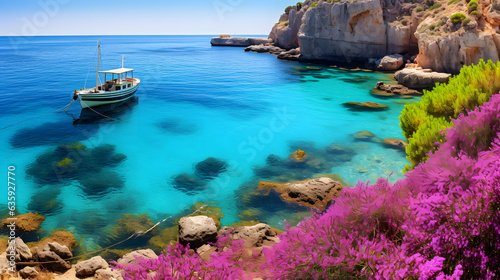 Step into a world of enchantment with this mesmerizing image of the Mediterranean landscape. Rocky shores give way to hidden coves with crystalline waters, inviting you to explore the beauty of the un