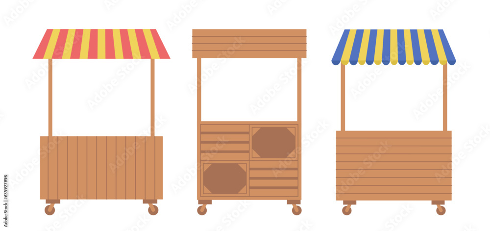 Set of different market stalls. Local market. Flat style vector illustration isolated on white background Set of different market stalls. Local market. Flat style vector illustration isolated on white background