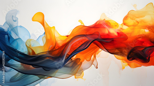 an abstract painting of blue, orange, and red waves