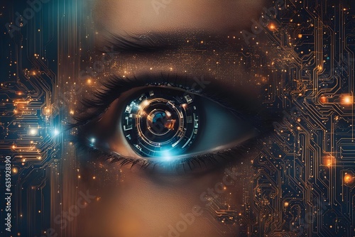 Future woman with cyber technology eye panel 