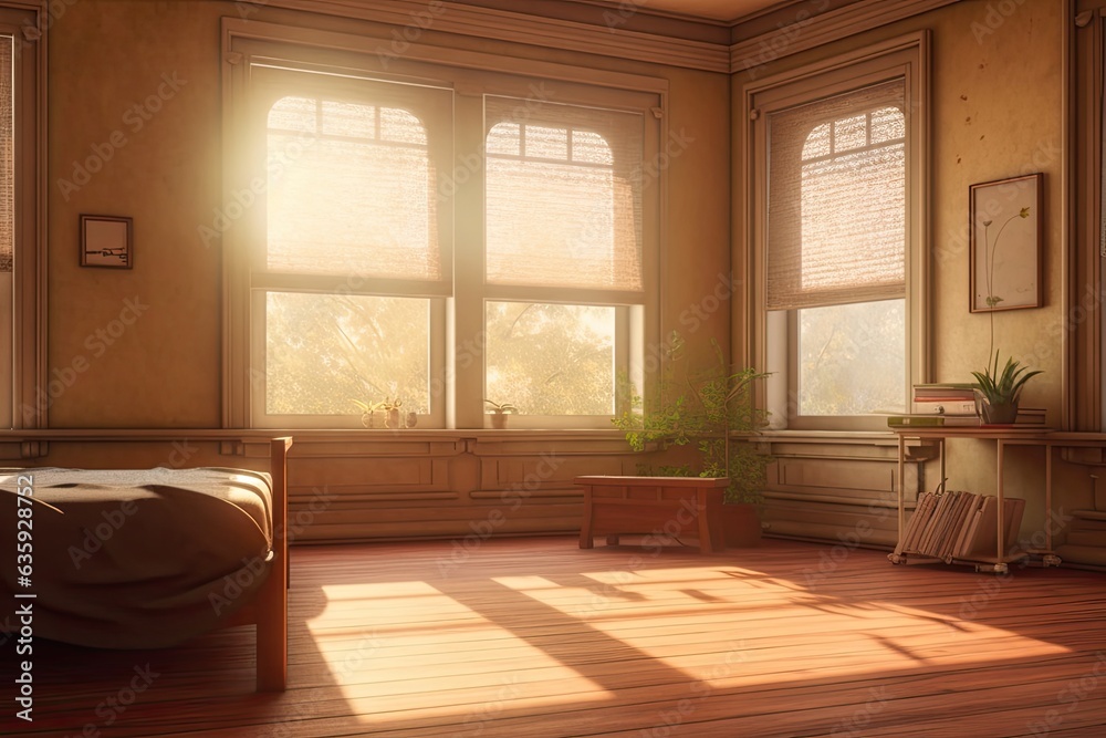 A realistic interior serves as a backdrop for overlay displays of home items. Warm beige barren room with oakwood baseboards, a sun dappled window frame in the morning, and a mock up A realistic interior serves as a backdrop for overlay displays of home items. Warm beige barren room with oakwood baseboards, a sun dappled window frame in the morning, and a mock up