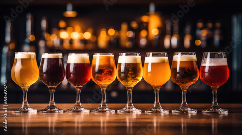Craft Beer Tasting: A Showcase of Glasses on a Wooden Bar