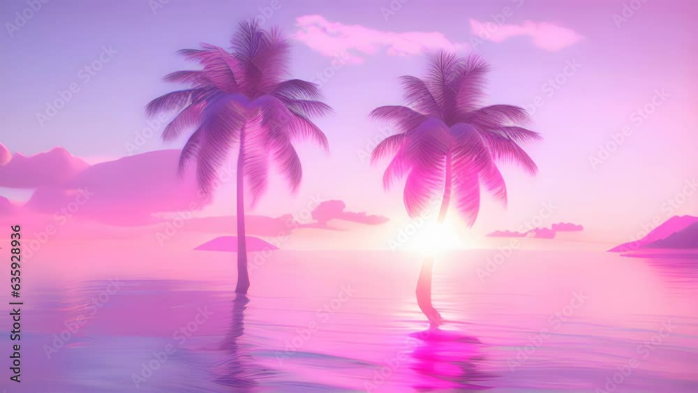 Two palm trees reflecting in the calm waters during a vibrant sunset. Generative ai