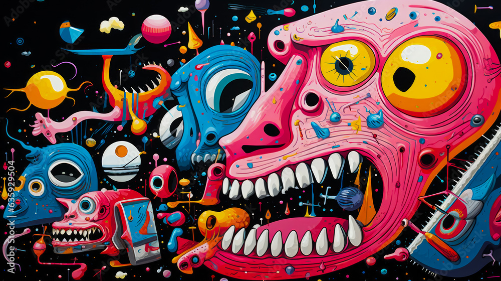 Image of pink and blue monster with cell phone in it's mouth.