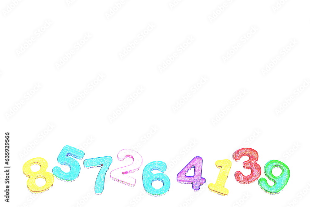 Numbers in random queue line like frame on white background Back to school concept Top view Banner Poster preschool kindergarten Copy space Neon style Bright design Place for text Colored design Numbers in random queue line like frame on white background Back to school concept Top view Banner Poster preschool kindergarten Copy space Neon style Bright design Place for text Colored design