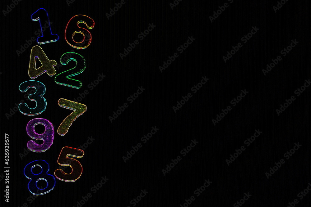 Numbers in random queue line like frame on black background Back to school concept Top view Banner Poster preschool kindergarten Copy space Neon style Bright design Place for text Colored design Numbers in random queue line like frame on black background Back to school concept Top view Banner Poster preschool kindergarten Copy space Neon style Bright design Place for text Colored design
