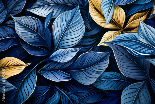 Image of blue and yellow leaves on black background.