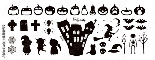 Cute Halloween silhouettes isolated, big set. Pumpkin, spider, witch, web, skull, bat, haunted house, cat, skeleton. Hand drawn vector illustration. Cartoon style flat design. Kids holiday print