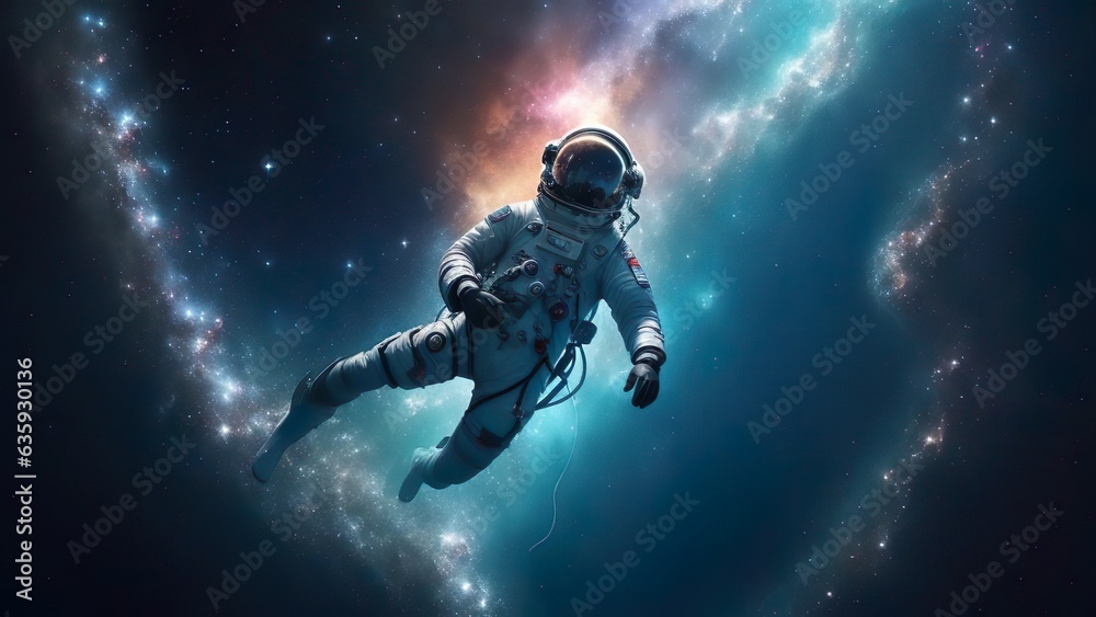 Astronaut dives into cosmic wonders amidst stars, embodying boundless exploration in stellar abyss
