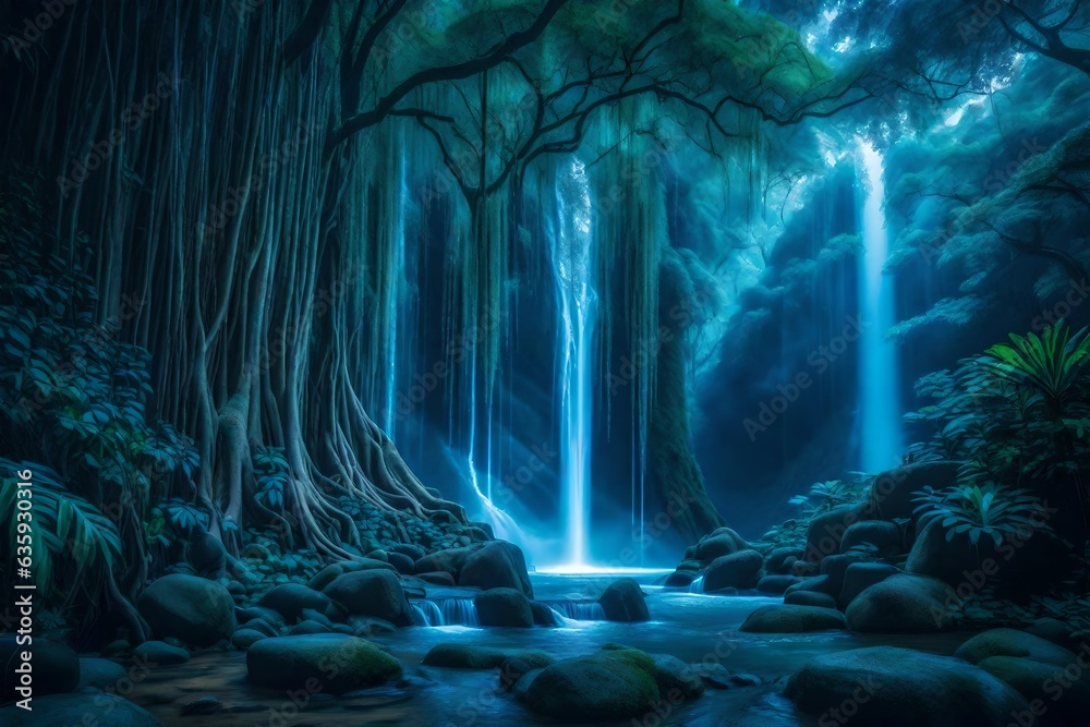 A cascading waterfall with a big banyan tree in a lush jungle beneath the ethereal blue light of the moonlit night sky - AI Generative