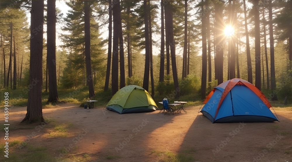 Camping and tent under the pine forest near the lake with beautiful sunlight in the morning,Generative AI
