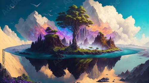 Enigmatic Mist: Ethereal Beings on a Vibrant Floating Island