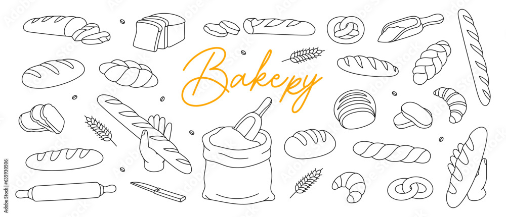 Bakery outline sketch set. Breads line banner. Bakery menu horizontal illustration. Whole grain and wheat bread, pretzel, ciabatta, croissant.