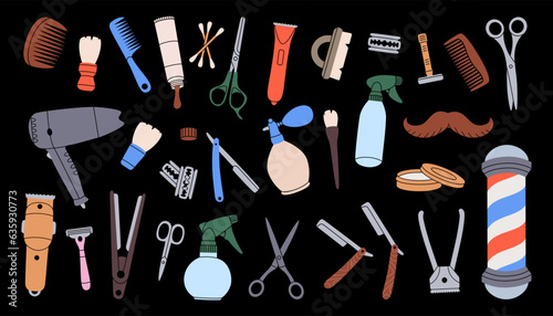 Barber shop equipments. Hairdressing tool kit. Hairdresser tool set. Barber pole, razor blade, hair clipper, scissors, comb, dryer, spray bottle.