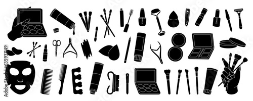 Women's cosmetics. Makeup and beauty tools. Eye shadow, powder, brushes, lipstick, lip gloss, pencil, mascara, blush, eyebrow pencil, mirror, cream.
