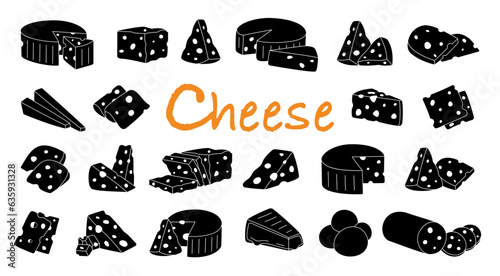 Different types of cheese. Pieces of cheese with internal holes. Cheddar, camembert, brick, mozzarella, maasdam, roquefort, gouda, feta, parmesan.