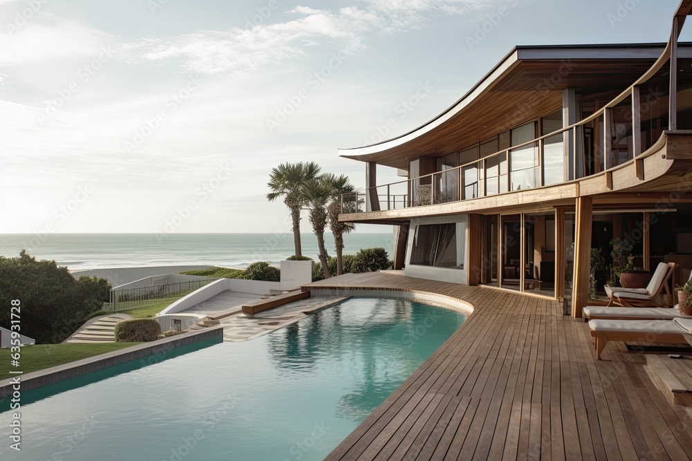 At a stylish beach home or affluent property, a deserted outdoor wooden terrace with a green yard and a pool. The façade of the building overlooks the sea.