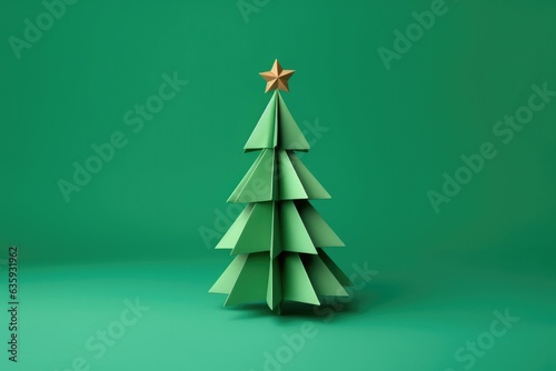 Origami green Christmas fir tree on green plain background. Paper craft minimal winter holiday concept. Copy space, greeting card