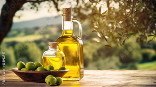 Olive oil and olives on wooden table 