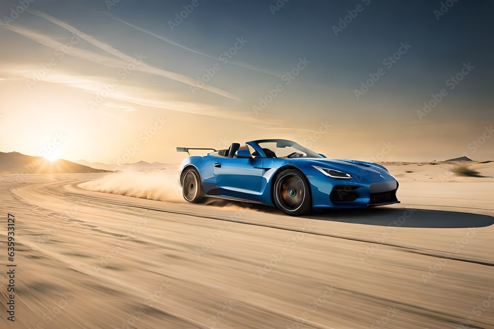 A sports car zooming across a desert leaving a trail of dust behind and against a clear blue sky generated by
