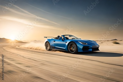 A sports car zooming across a desert leaving a trail of dust behind and against a clear blue sky generated by 